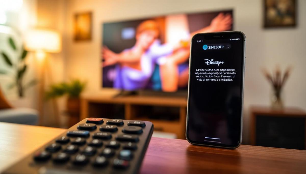 Close-up de controle remoto e smartphone mostrando notificação de suspensão Disney+ em português com sala de estar aconchegante desfocada ao fundo