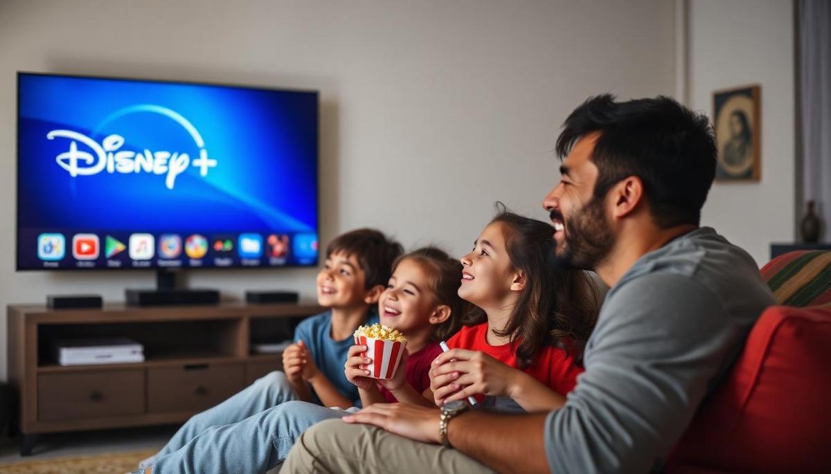 Família brasileira feliz assistindo Disney+ juntos na sala com pipoca e crianças sorrindo para a TV