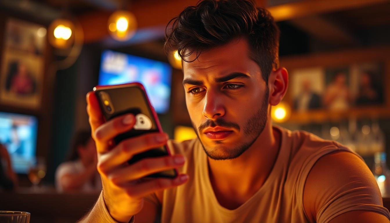 Jovem brasileiro desapontado em bar olhando para smartphone com notificação de suspensão de conta Hinge em português