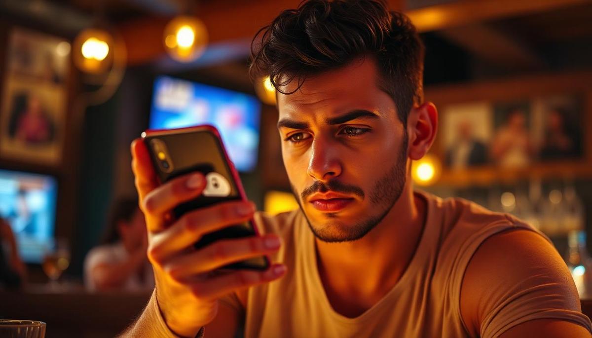 Jovem brasileiro desapontado em bar olhando para smartphone com notificação de suspensão de conta Hinge em português