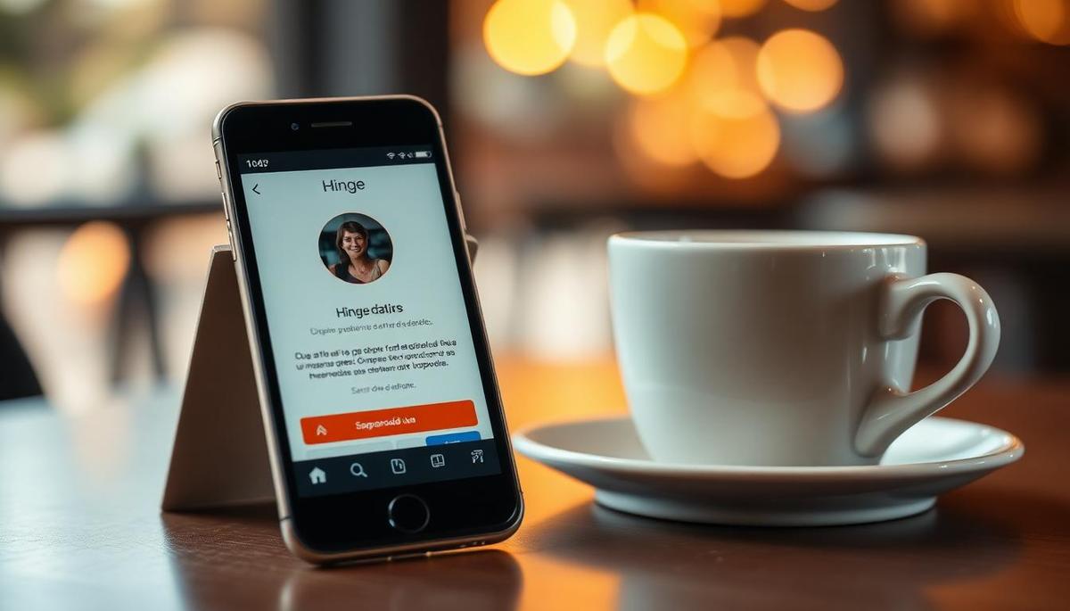 Smartphone mostrando app Hinge com notificação de suspensão de conta em português sobre mesa de cafeteria com xícara de café