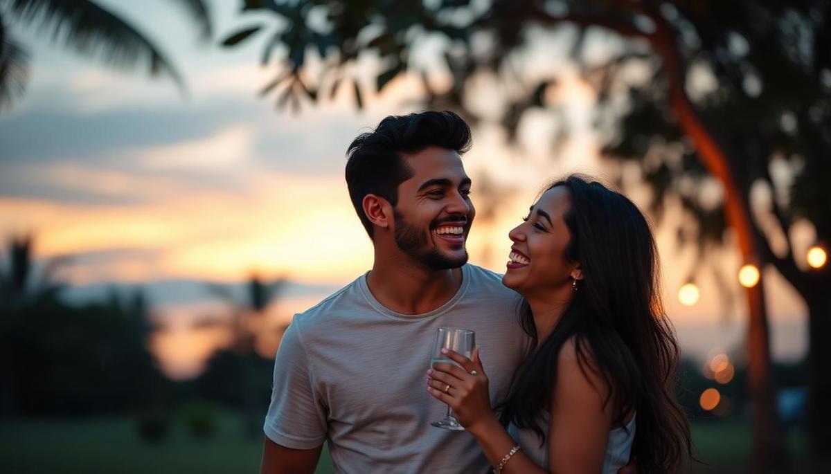 Jovem casal brasileiro feliz em encontro romântico ao ar livre com luz quente do pôr do sol rindo juntos