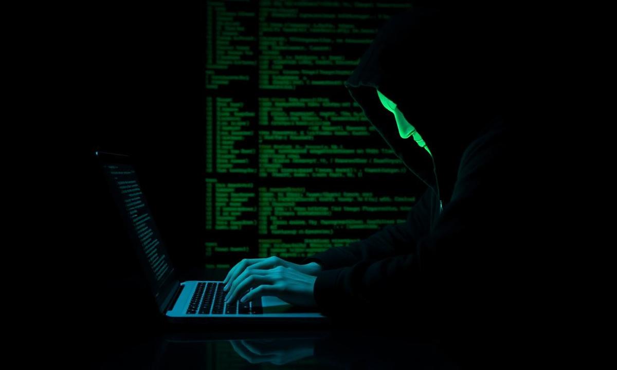 Figura encapuzada digitando em laptop em sala escura