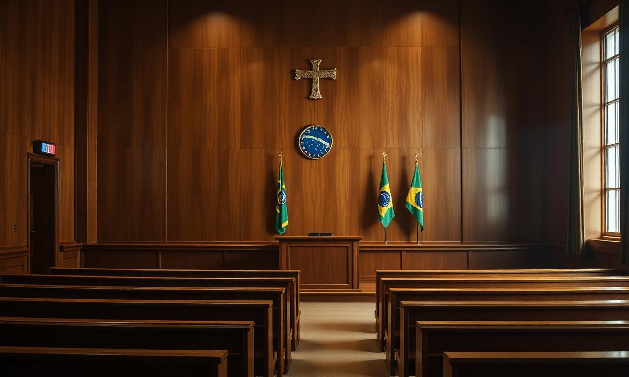 Interior de sala de tribunal com bancos de madeira e bandeira