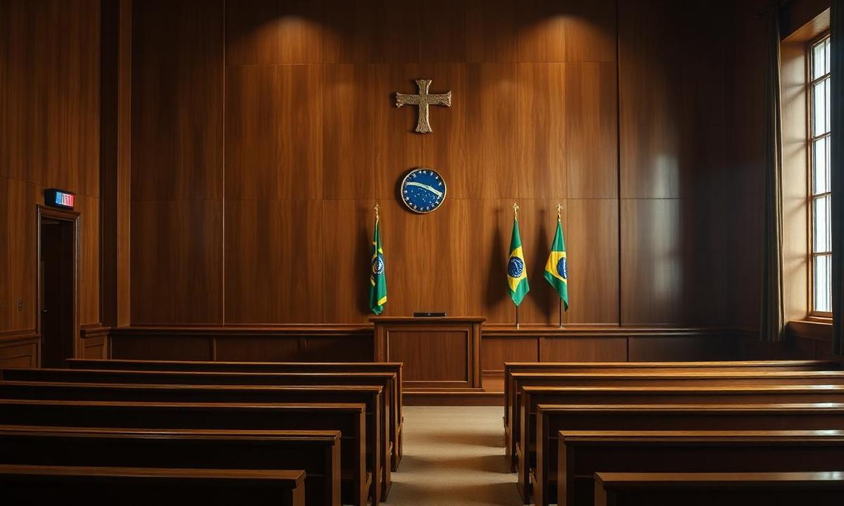Interior de sala de tribunal com bancos de madeira e bandeira