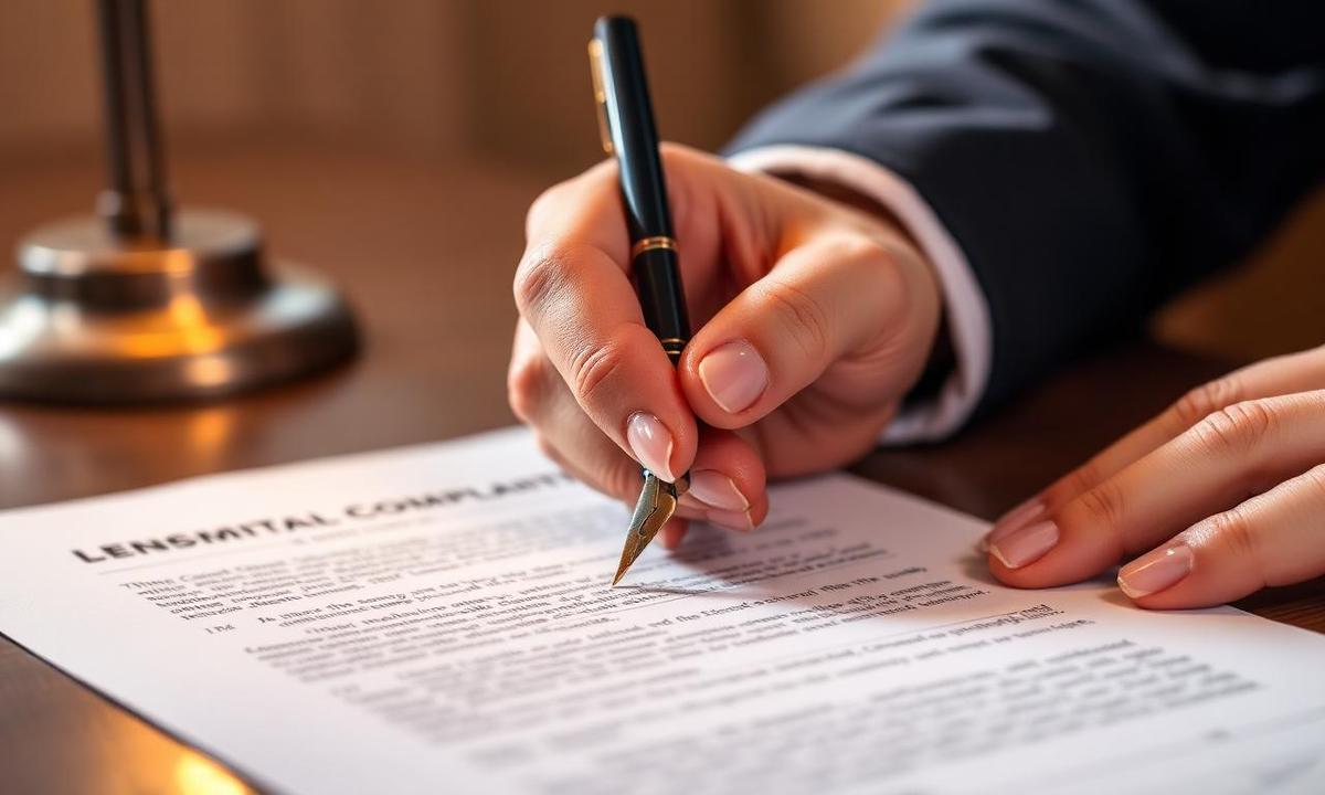 Mãos assinando documento de queixa com caneta tinteiro