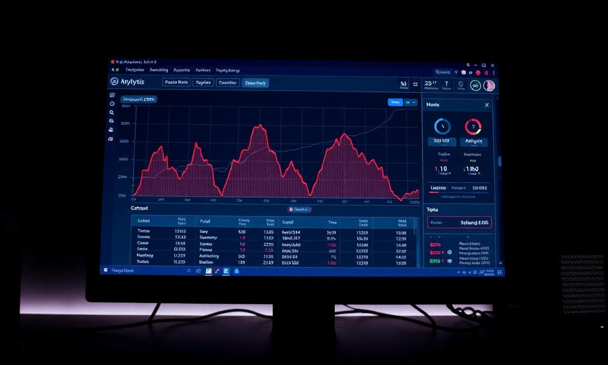 Tela de computador com dashboard de analytics e gráfico em queda