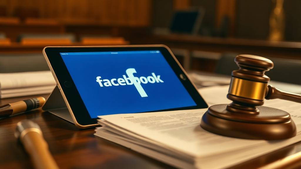 Documentos jurídicos sobre mesa com tablet mostrando logo do Facebook