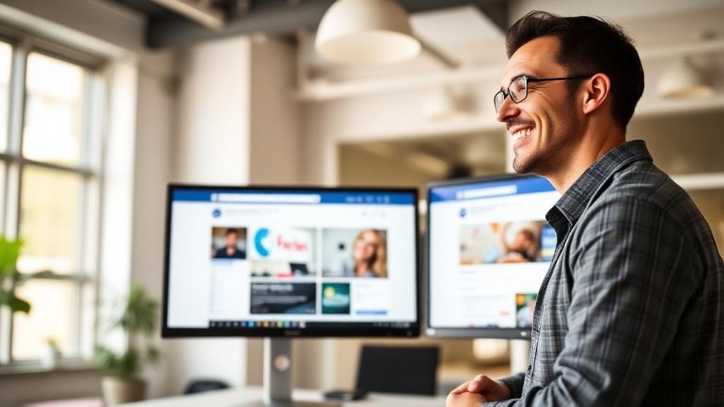 Empresário sorrindo com página restaurada no monitor