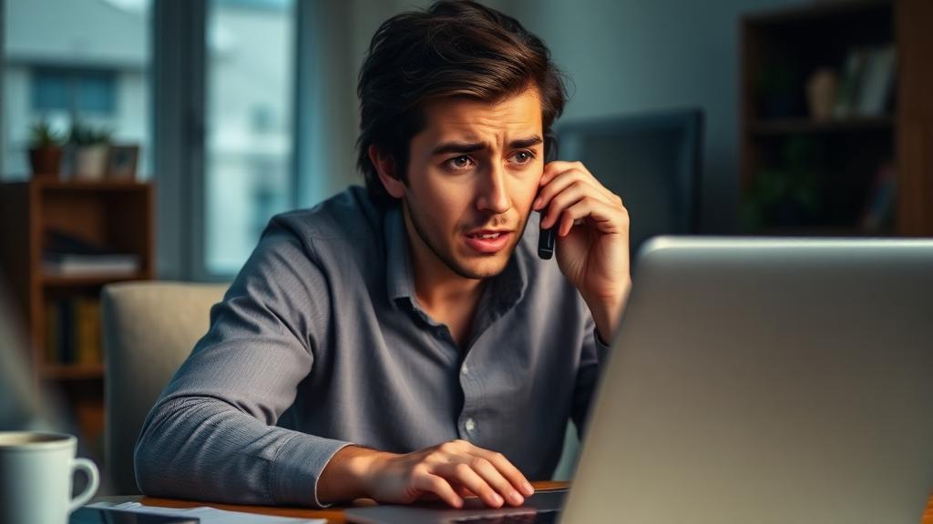 Pessoa preocupada ao telefone olhando para laptop