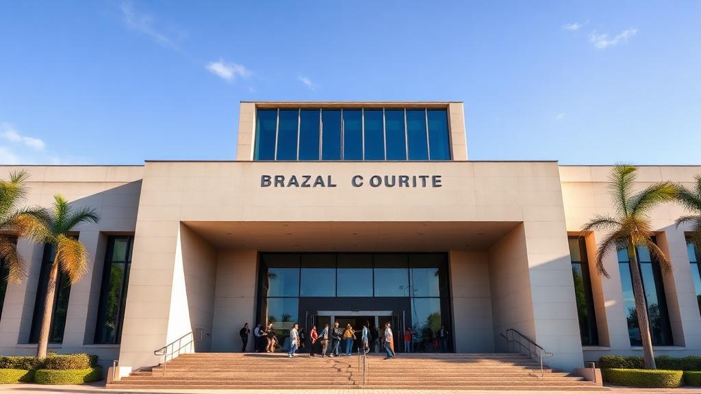 Fachada moderna de fórum brasileiro com bandeira nacional
