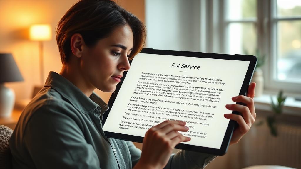 Pessoa lendo termos de uso em tablet com atenção