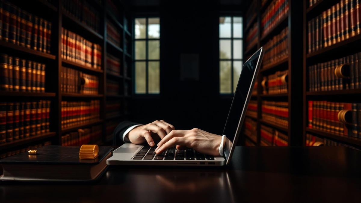 Advogado digitando em laptop em biblioteca jurídica