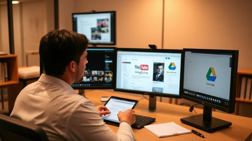 Advogado analisando evidências digitais em múltiplas telas