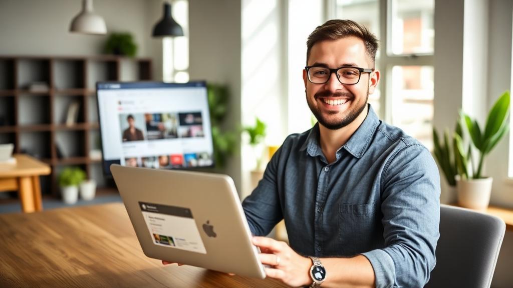 Empresário feliz com conta restaurada no laptop