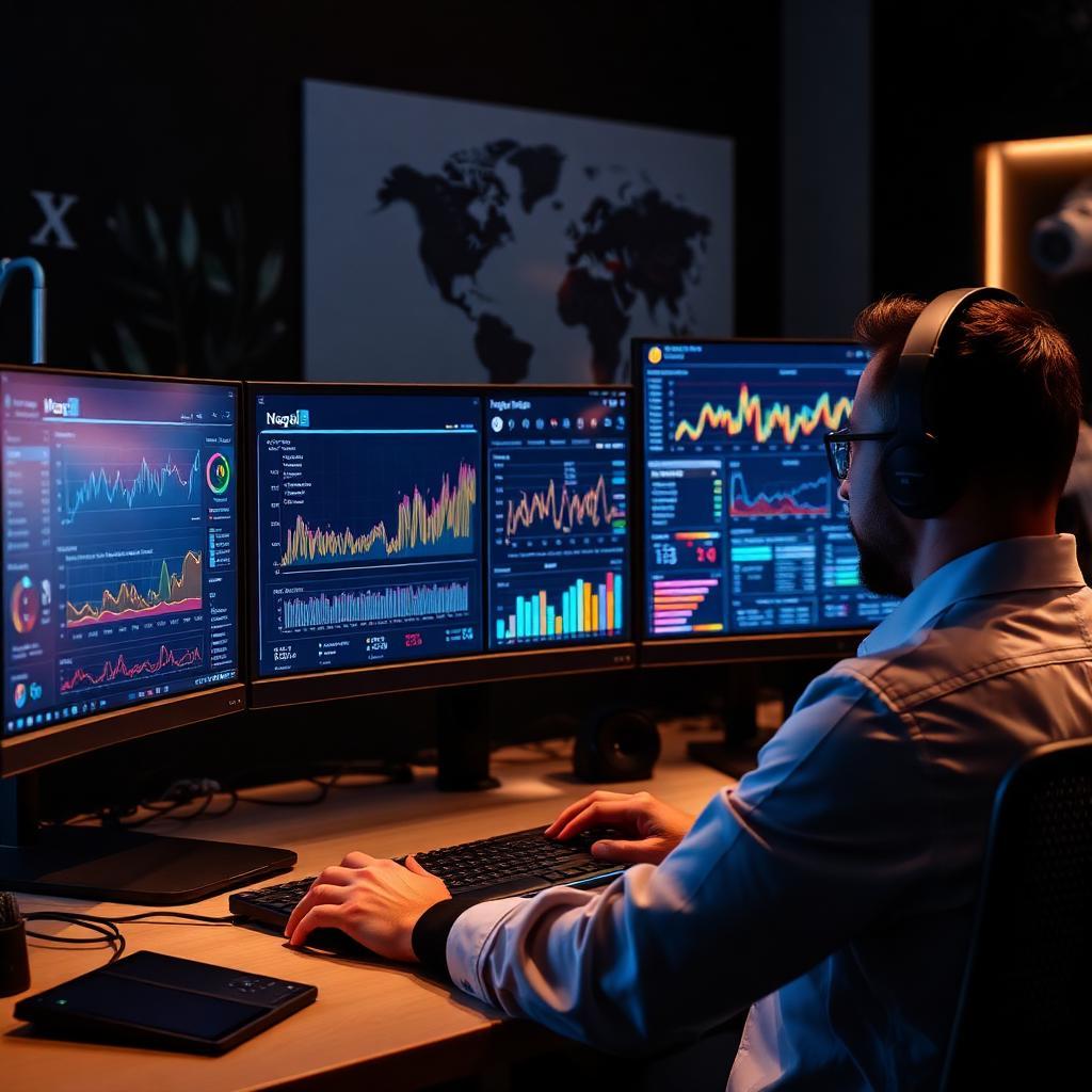 Criador analisando métricas em múltiplos monitores