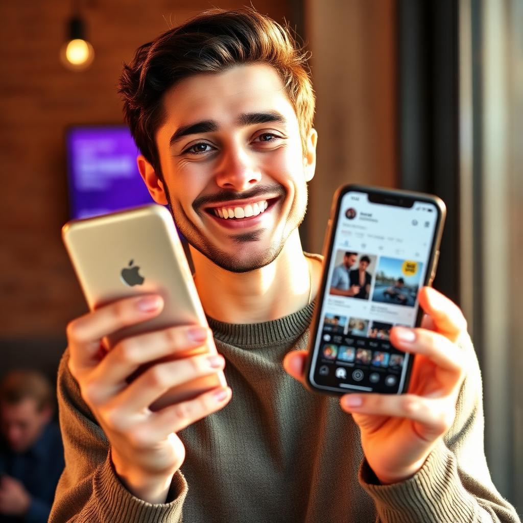 Influenciador feliz com perfil restaurado