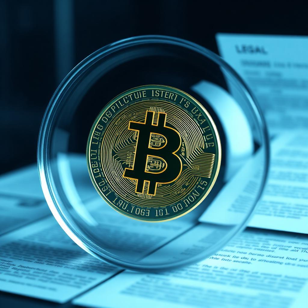 Bitcoin encapsulado em vidro sobre documentos legais