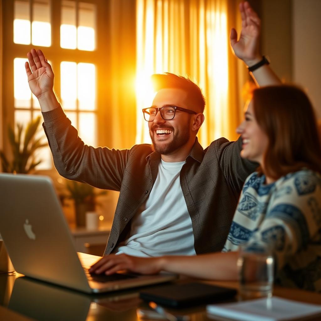 Empreendedor comemorando liberação dos fundos no laptop