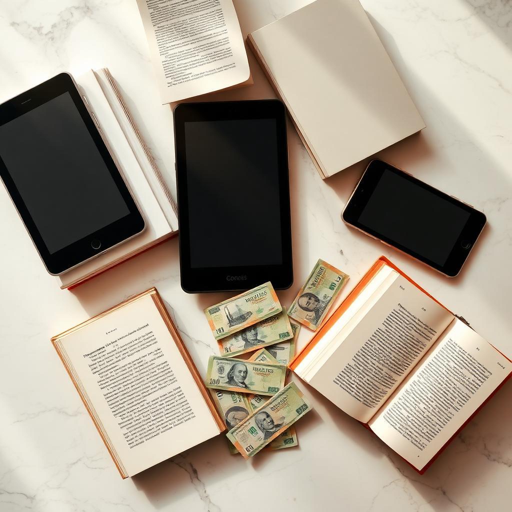 Livros digitais e notas de real sobre mesa de mármore