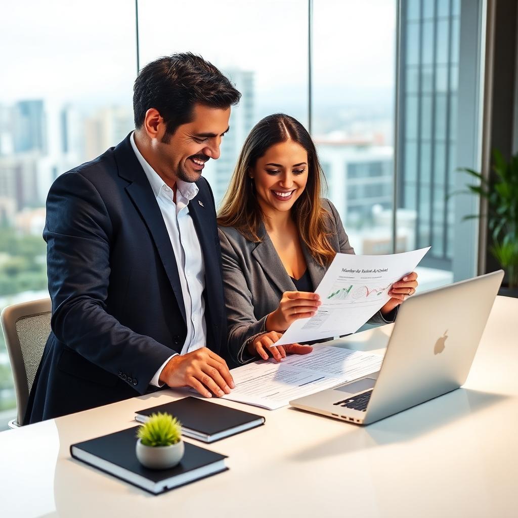 Proprietário e advogado sorrindo ao ver conta restaurada no laptop