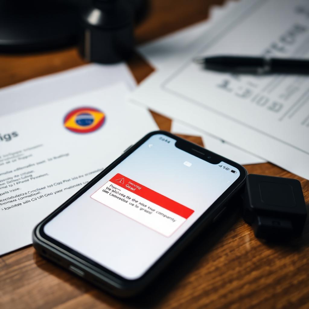 Smartphone com aviso de suspensão sobre mesa de escritório corporativo