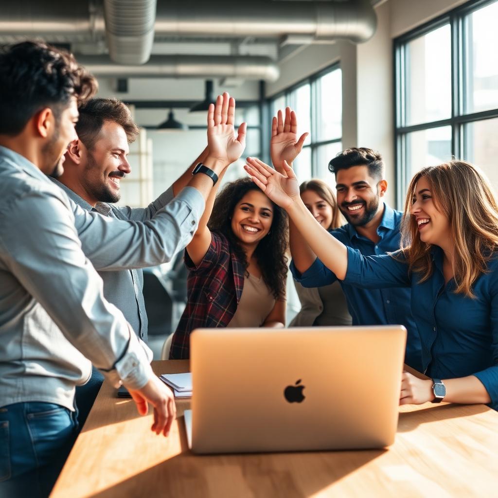 Equipe comemorando restauração dos serviços no escritório moderno