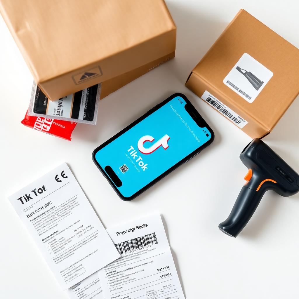 Mesa com produtos para envio, smartphone e recibos de pagamento