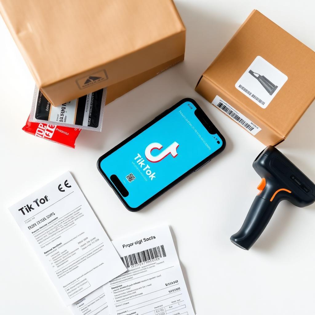 Mesa com produtos para envio, smartphone e recibos de pagamento