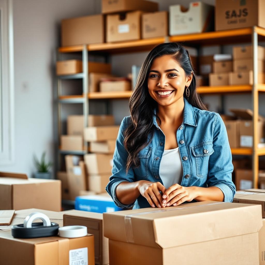Empreendedora empacotando produtos com sorriso confiante