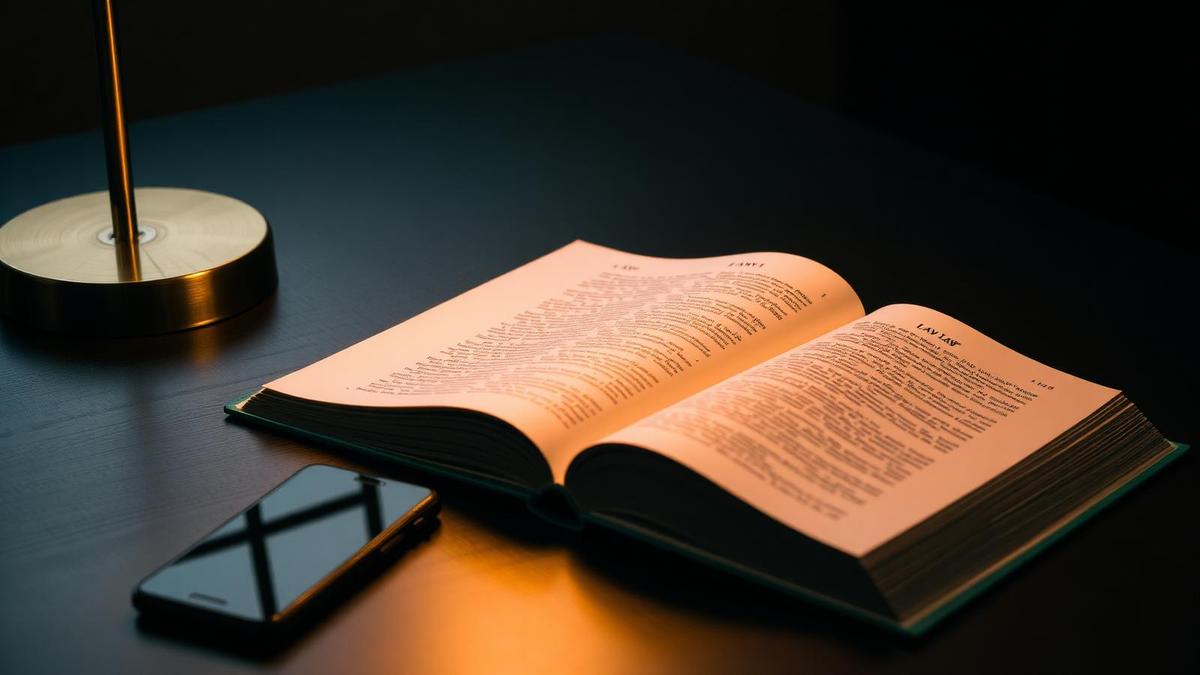Livro de Direito aberto ao lado de smartphone