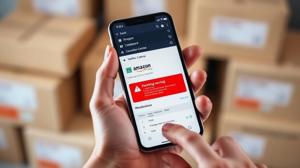 Smartphone com tela do Seller Central mostrando alerta de suspensão de conta