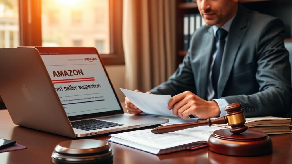 Advogado analisando documentos de suspensão de conta de marketplace em escritório moderno
