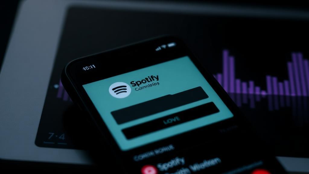 Tela de celular mostrando perfil do Spotify com notificação de banimento e ícone de bloqueio