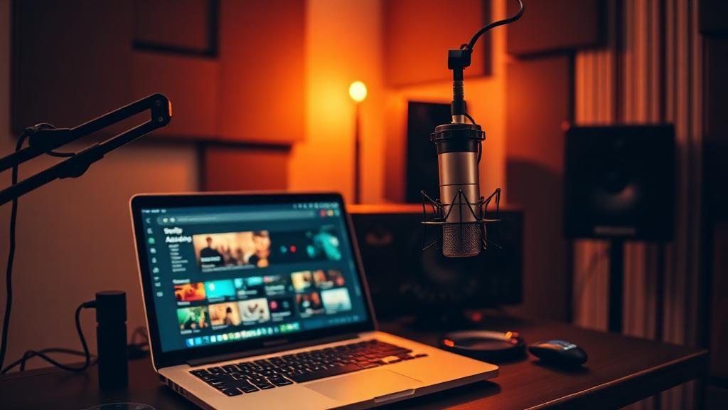 Estúdio de gravação caseiro com microfone, laptop e interface de áudio, ambiente criativo iluminado