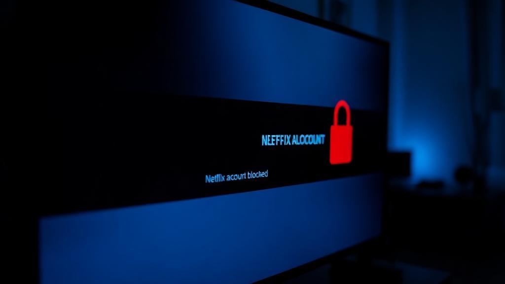 Tela de TV mostrando mensagem de conta bloqueada da Netflix com ícone de cadeado vermelho