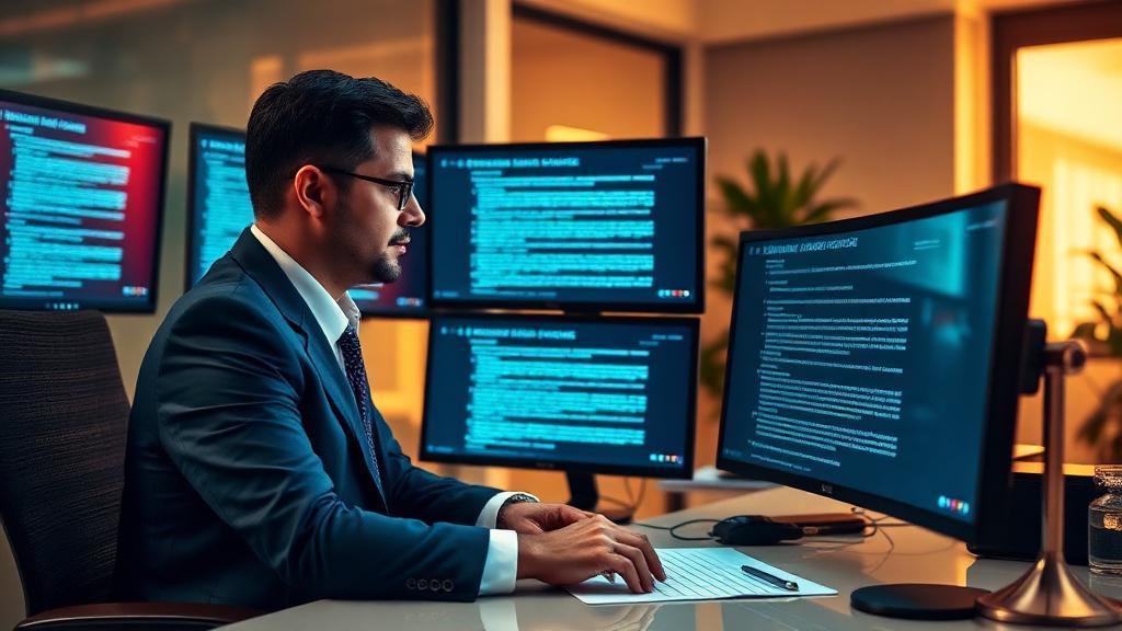 Advogado em escritório moderno analisando documentos de defesa do consumidor em múltiplas telas