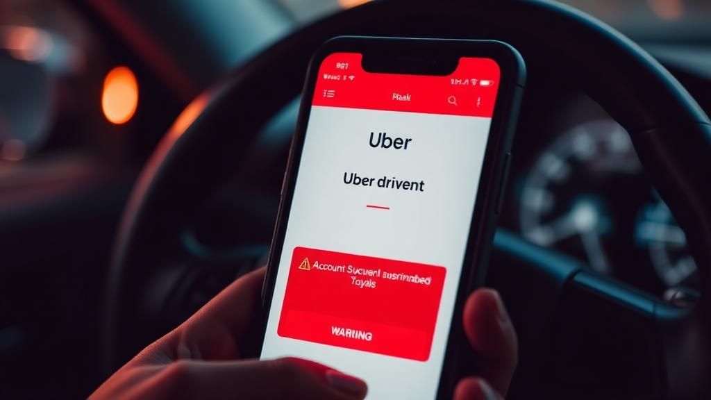 Tela de celular mostrando app do motorista Uber com banner vermelho de suspensão de conta e aviso de desativação