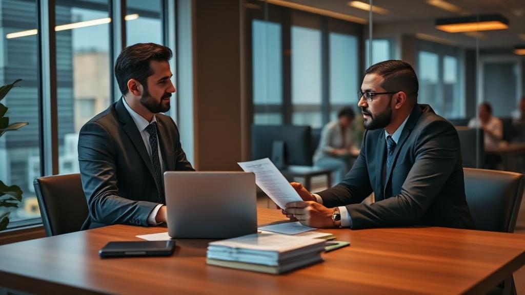 Advogado trabalhista reunido com motorista de aplicativo em escritório moderno, documentos e laptop sobre a mesa