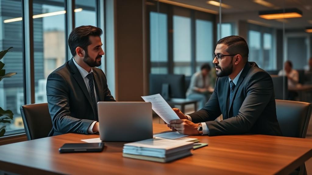 Advogado trabalhista reunido com motorista de aplicativo em escritório moderno, documentos e laptop sobre a mesa