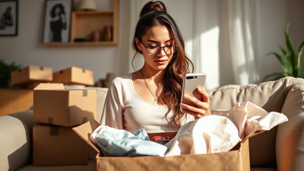 Jovem brasileira desfazendo caixas de entrega em casa enquanto olha preocupada para celular com mensagem de banimento de conta