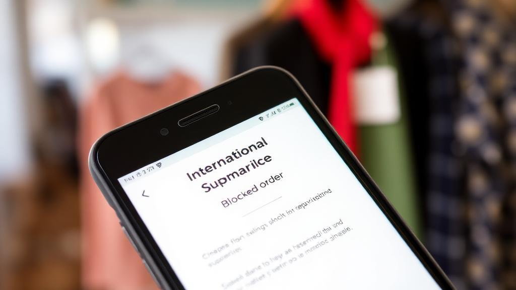 Tela de smartphone mostrando app de compras internacionais com notificação de conta suspensa e pedidos bloqueados