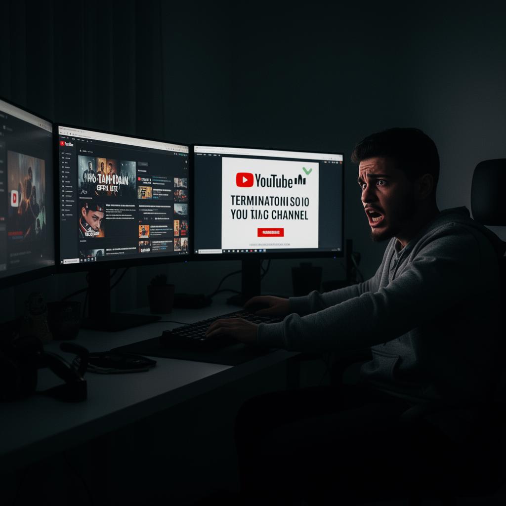 Criador de conteúdo frustrado diante de monitores com notificação de desmonetização do YouTube