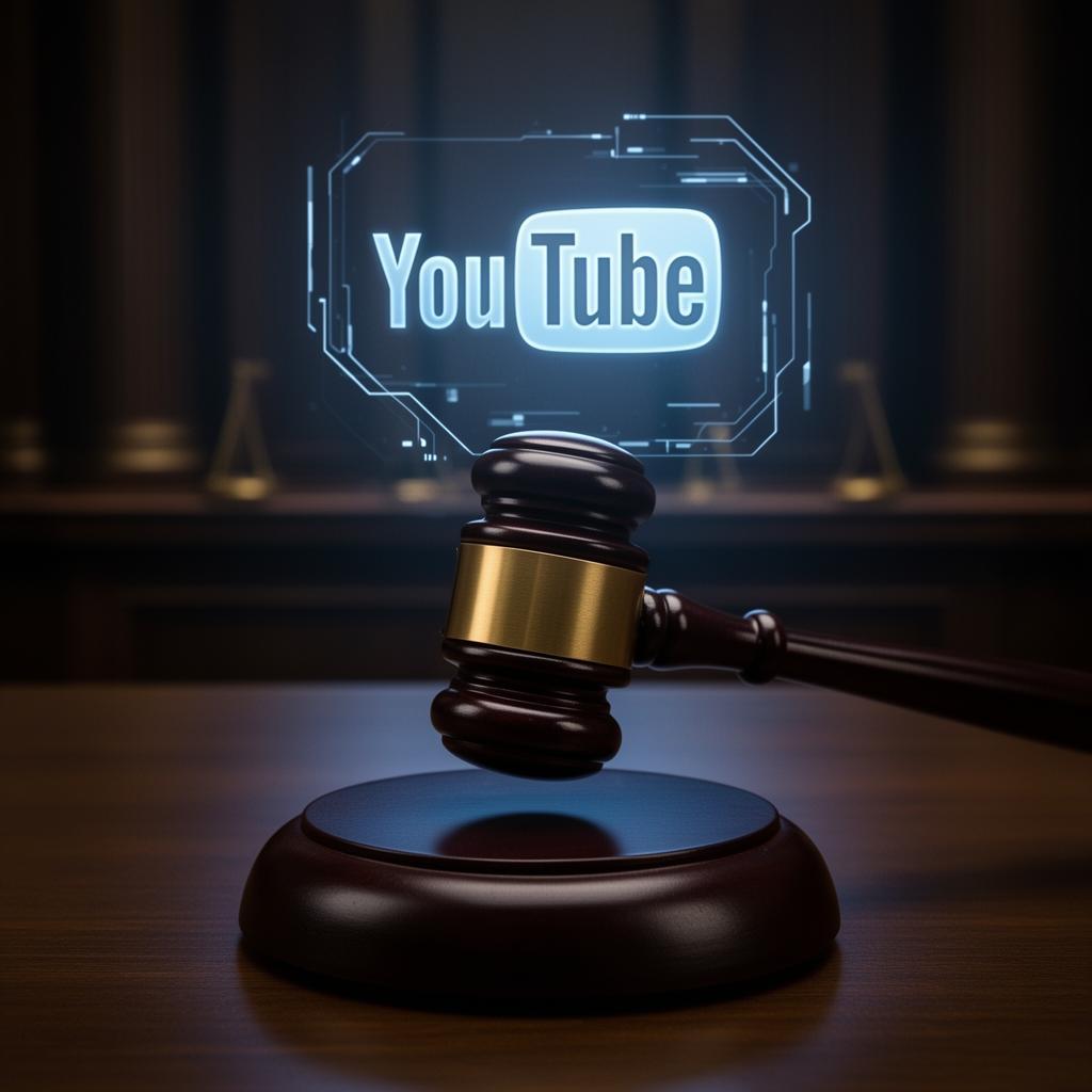 Martelo de juiz com logo do YouTube projetado em ambiente sombrio