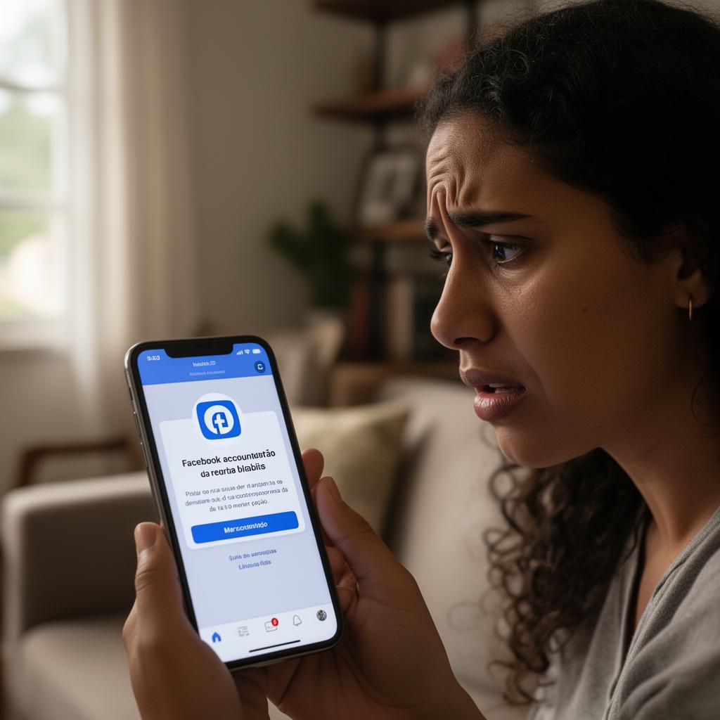 Mulher preocupada segurando celular com mensagem de conta desativada do Facebook