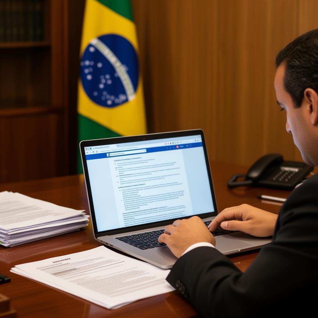 Advogado analisando termos de serviço do Facebook em escritório profissional