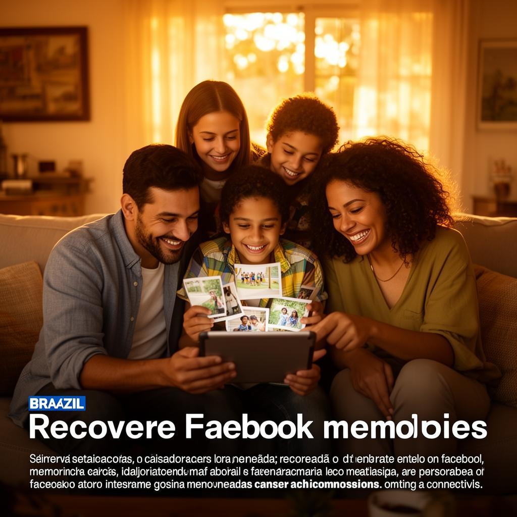 Família brasileira feliz vendo fotos juntas em um tablet