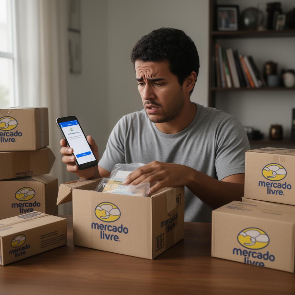 Pequeno empresário embalando produtos com caixas do Mercado Livre enquanto olha preocupado para celular