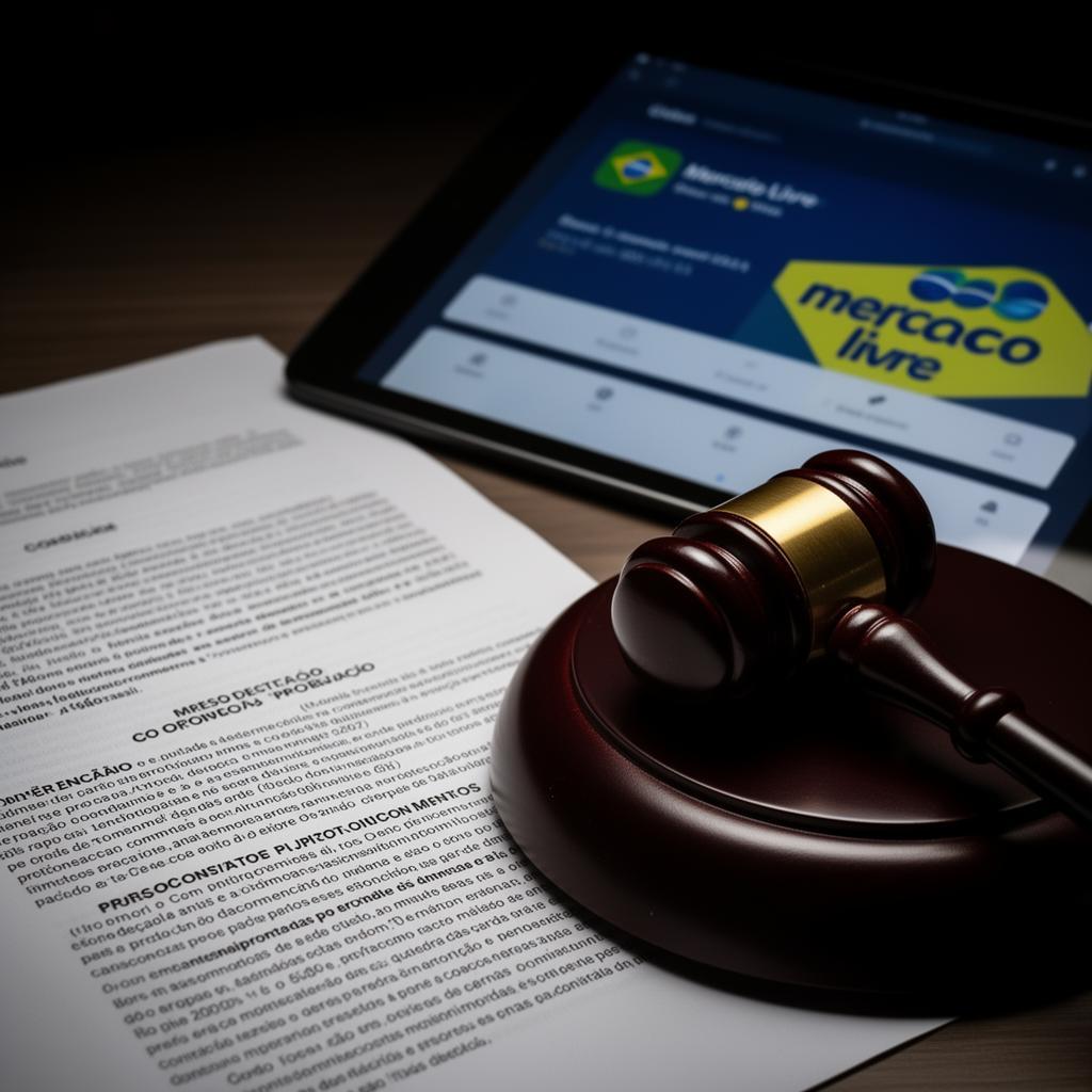 Documentos jurídicos brasileiros sobre defesa do consumidor ao lado de tablet com app do Mercado Livre