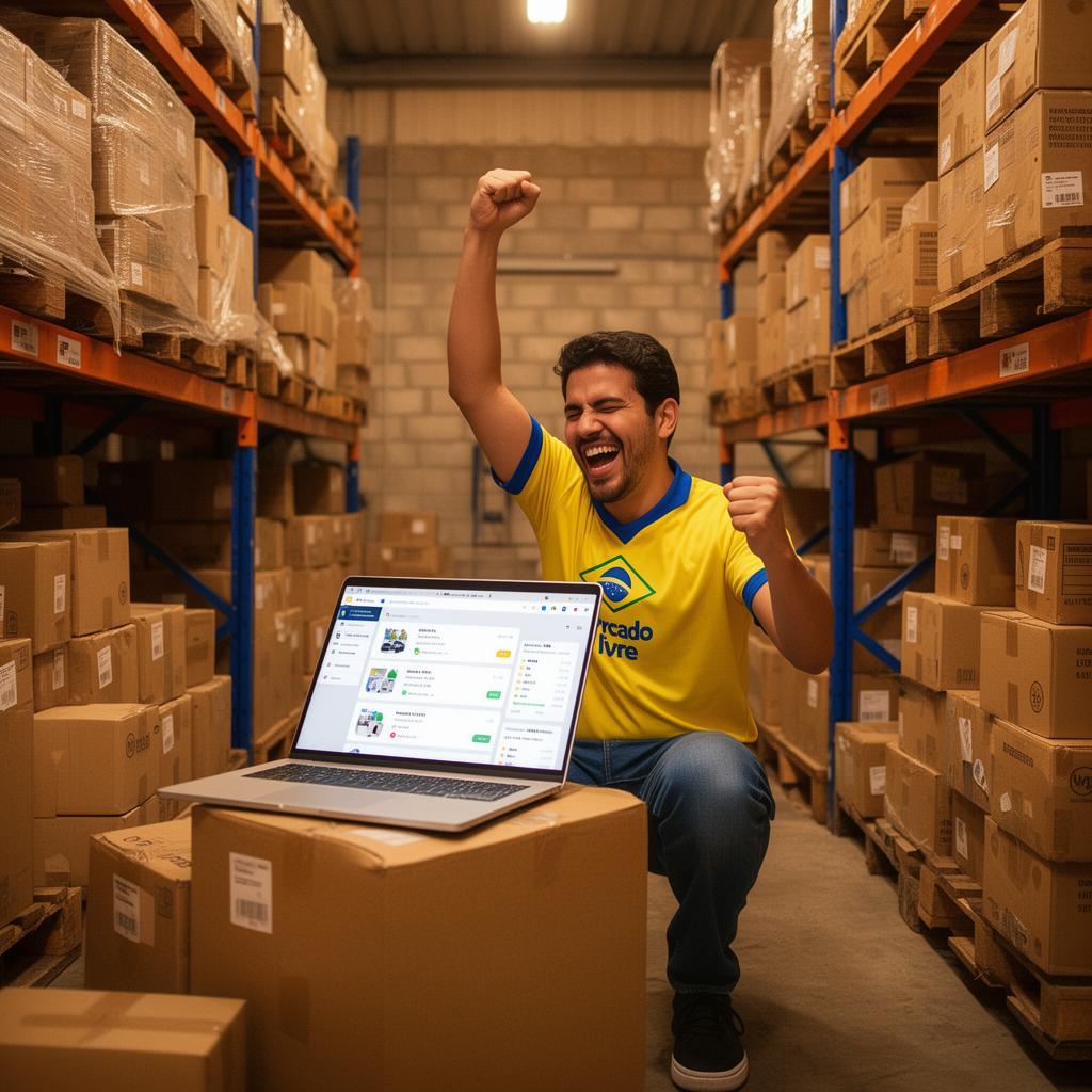 Vendedor comemorando em pequeno galpão com estoque de produtos e notebook mostrando conta restaurada